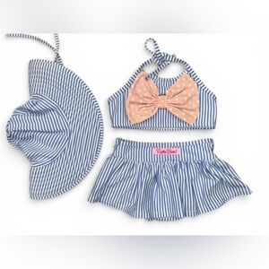 RuffleButts Blue and White Striped Bikini Set with Hat